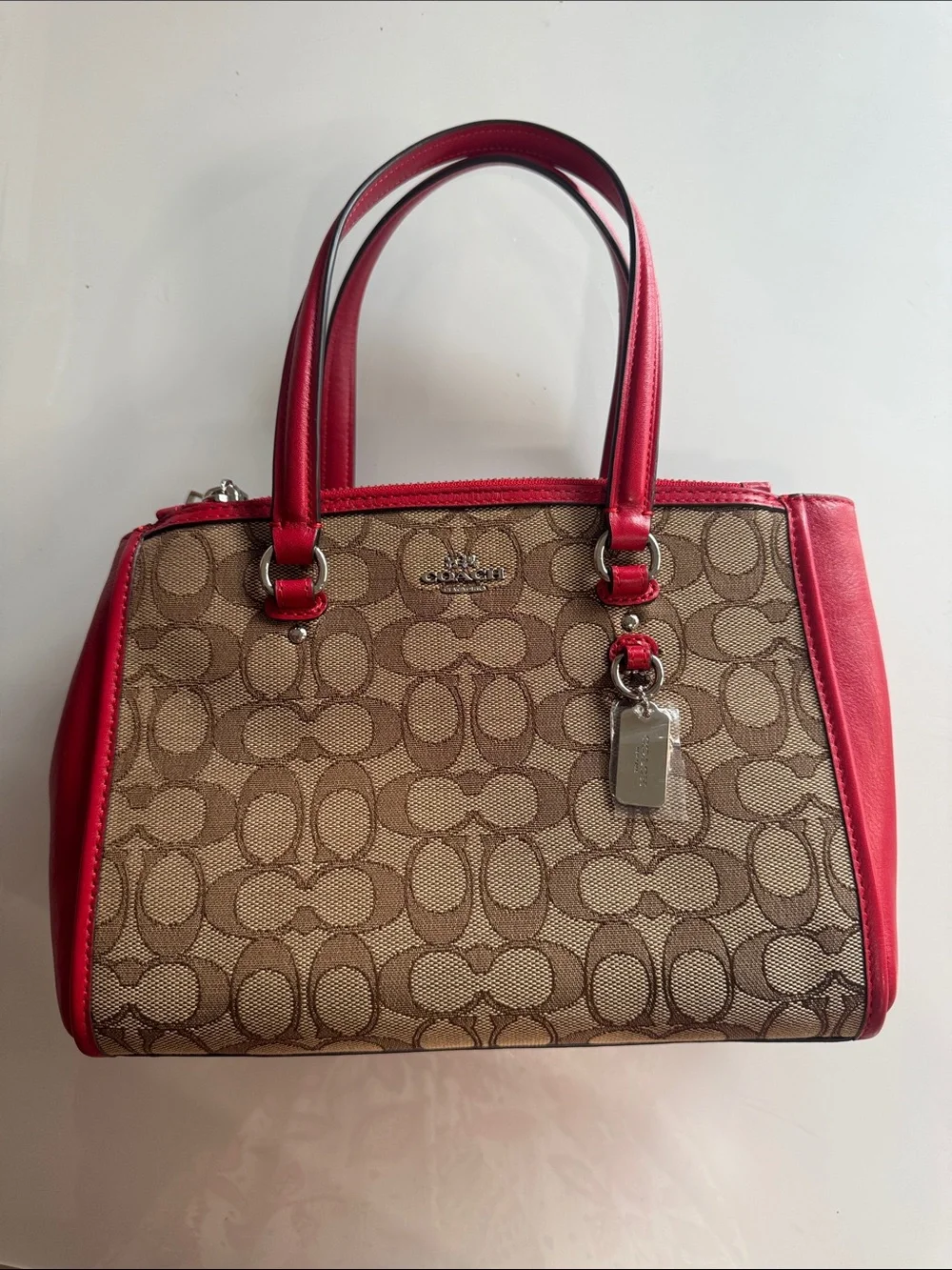 Coach Stanton Carryall Brown Signature Canvas Satchel with Red Trim